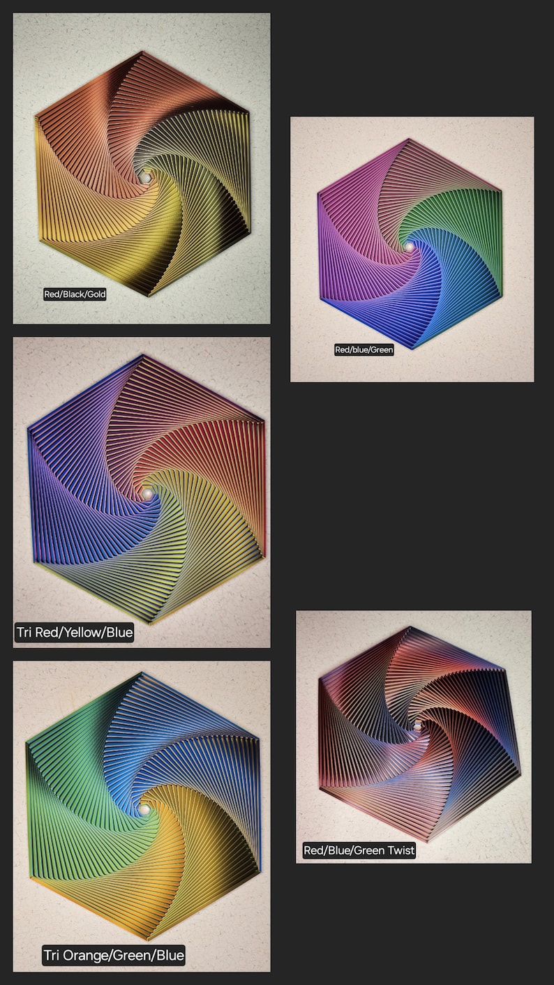 May include: Four hexagonal wood wall art pieces with a spiral design. The colors are red, black, gold, yellow, blue, green, and orange.