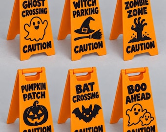 Title Halloween Mini Wet Floor Style Signs | 5 Inch 3D Printed Caution Signs | Ghost | Witch | Zombie | Pumpkin & Bat Decor