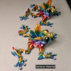 Può includere: Due rane iridescenti color arcobaleno con ali e macchie bianche. Le rane sono in posa con le gambe distese. Il testo "Rainbow Waterfall" è visibile sotto le rane.
