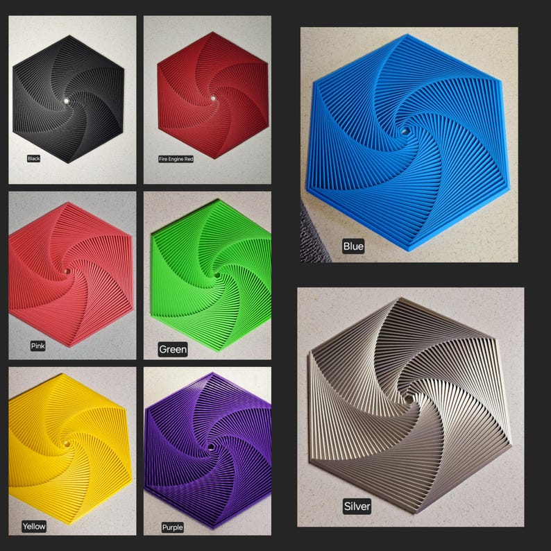 May include: A set of 10 hexagonal coasters in various colors, including black, red, green, yellow, purple, blue, and silver. Each coaster features a swirling, geometric design.