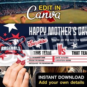 Plantilla personalizada de vale de regalo para juegos de béisbol - Tarjeta de regalo digital imprimible - Plantilla Canva editable para el Día de la Madre