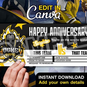 Plantilla de vale de regalo de juego de hockey personalizada - Tarjeta de regalo digital imprimible - Plantilla de Canva editable para aniversario