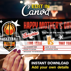 Plantilla personalizada de vale de regalo para juegos de baloncesto - Tarjeta de regalo digital imprimible - Plantilla Canva editable para el Día de la Madre