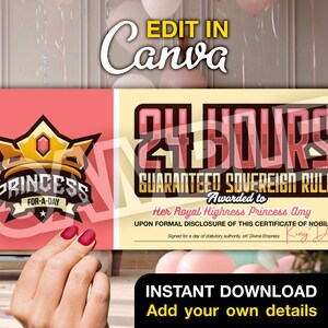 Plantilla de vale de regalo personalizada de princesa por un día - Tarjeta de regalo digital imprimible - Plantilla Canva editable para ocasiones especiales