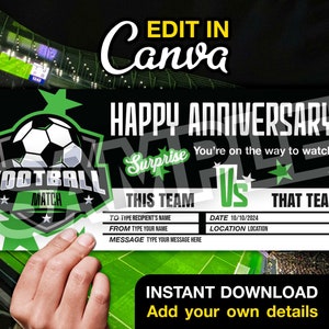 Plantilla de vale de regalo personalizada para juegos de fútbol - Tarjeta de regalo digital imprimible - Plantilla Canva editable para aniversario