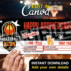 Plantilla personalizada de vale de regalo para juego de baloncesto - Tarjeta de regalo digital imprimible - Plantilla Canva editable para aniversario