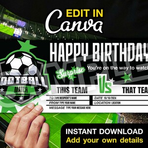 Plantilla de vale de regalo personalizada para juegos de fútbol - Tarjeta de regalo digital imprimible - Plantilla Canva editable para cumpleaños