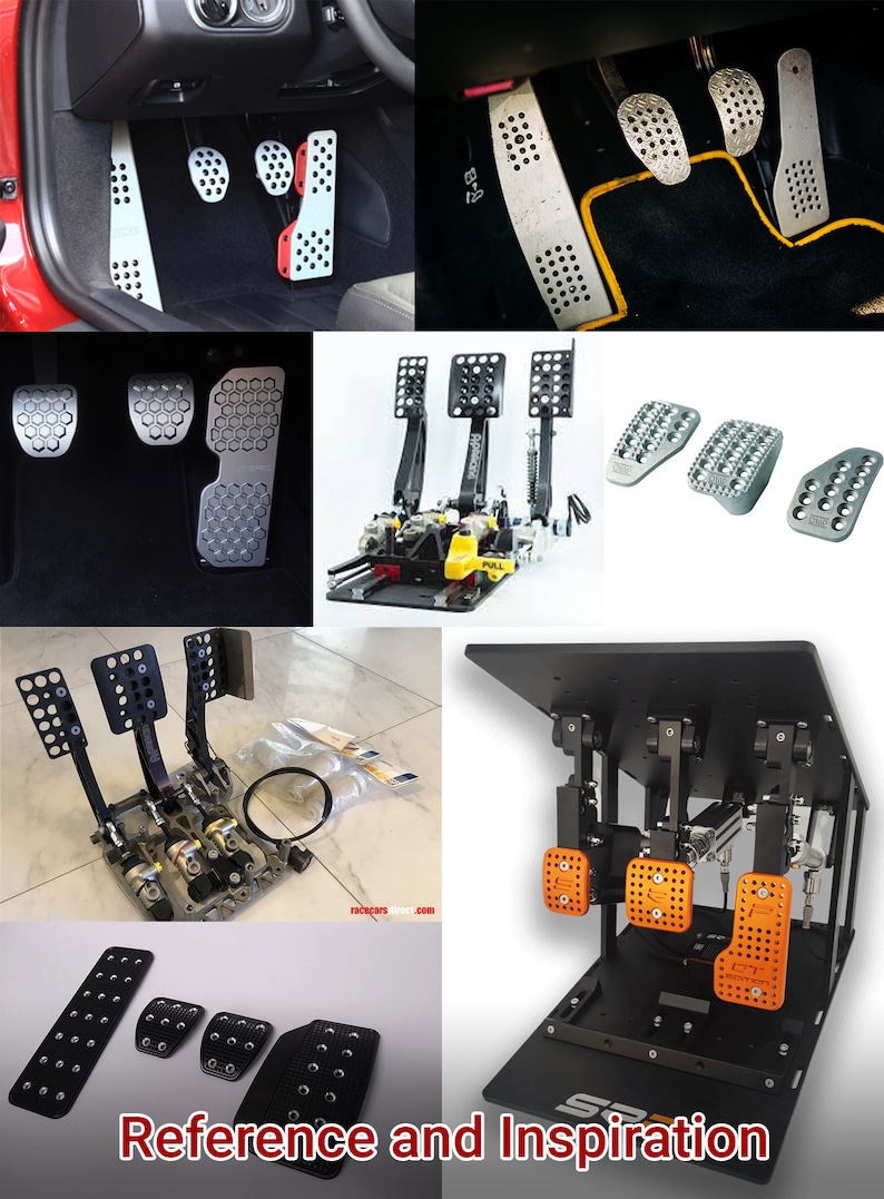 May include: A collage of images showcasing different types of car pedal sets. The images feature various designs and materials, including aluminum, carbon fiber, and metal. The pedals are designed for both street and race car applications.  Reference and Inspiration.