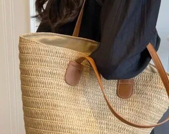 Women’s basket bag, braided straw basket shoulder bag