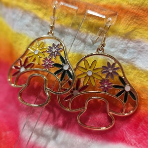 Mushroom Dangle Earrings | Colorful Flowers | Lightweight | Vintage Look | Boho | Hippie