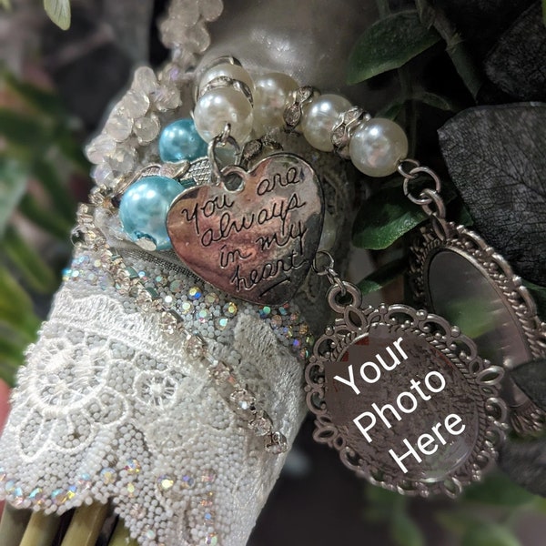 Wedding Bouquet Picture Charms Single or Double | In Loving Memory | Always in My Heart | Pearls & Rhinestones | Angel | Pendant | Keepsake