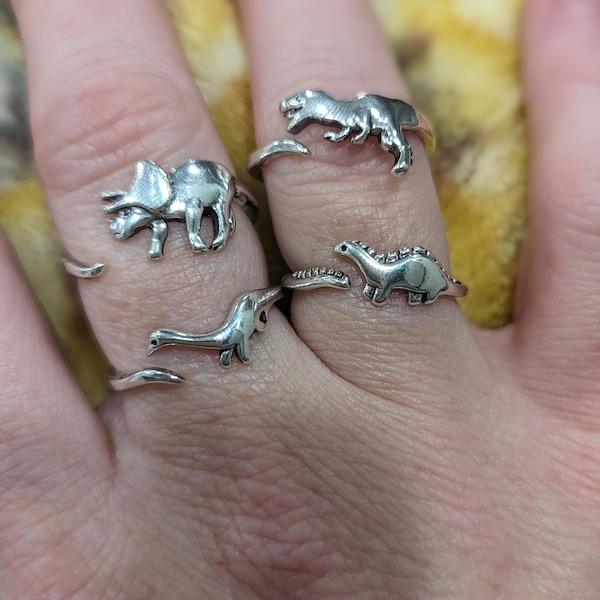 Dinosaur Rings Adjustable | Best Friend Rings | Triceratops | Stegosaurus | T Rex | Silver Tone | Best Seller Handmade Jewelry | Gift