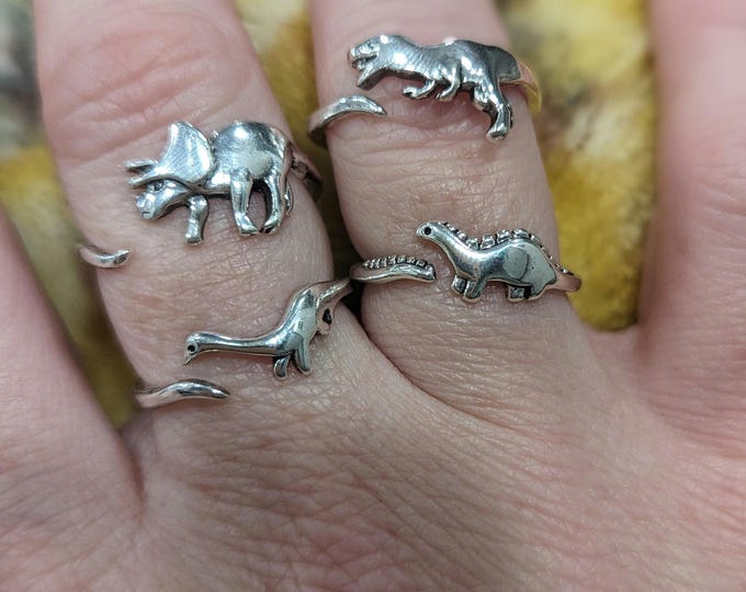 Dinosaur Rings Adjustable | Best Friend Rings | Triceratops | Stegosaurus | T Rex | Silver Tone | Best Seller Handmade Jewelry | Gift