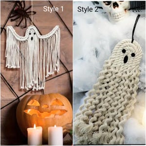 May include: Two styles of handmade macrame ghost decorations. The first style is a traditional ghost shape with fringe. The second style is a more modern ghost shape with a curly texture.