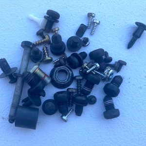 May include: A collection of assorted hardware components including various black metal bolts, screws with different head types, a single silver-colored nut, a long threaded bolt with a cylindrical black spacer, and a small white plastic fastener.
