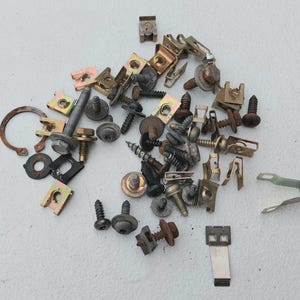 May include: A collection of assorted metal hardware including various screws, bolts, threaded fasteners, U-shaped spring clips, and a circular retaining ring. The components feature metallic finishes in silver, gold, and dark gray tones.