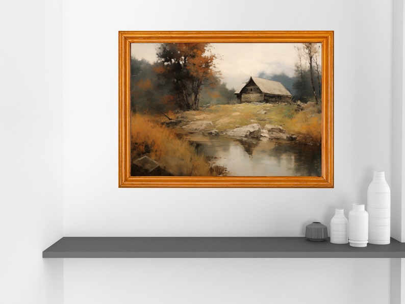 Vintage Printable Watercolor Painting Wall Art, Cottage by the Hillside