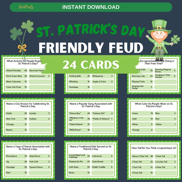 Printable St. Patrick's Day Feud Game | St. Patrick's Day Family Feud-Style Questions | Funny St. Patrick's Day Party Games | Office Party