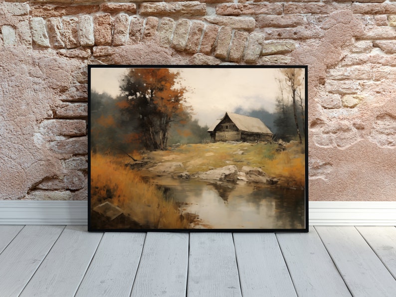 Vintage Printable Watercolor Painting Wall Art, Cottage by the Hillside