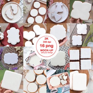Può includere: Un set di 16 biscotti di zucchero bianchi vuoti in varie forme, tra cui cerchi, quadrati, cuori e rettangoli. I biscotti sono disposti su diverse superfici, tra cui un tavolo di legno, un piatto bianco e una griglia metallica. I biscotti sono pronti per essere decorati con glassa, codette o altri condimenti. 2K 300 dpi 16 png MOCK-UP add your design