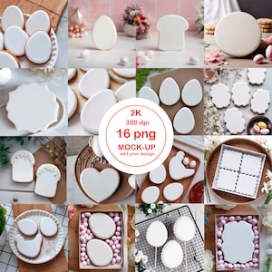 May include: A set of 16 PNG mock-up images of blank white cookies in various shapes, including round, oval, heart, square, and bread-shaped. The cookies are arranged on different backgrounds, such as wooden boards, plates, and a wire rack. The images are 2K resolution and 300 dpi.