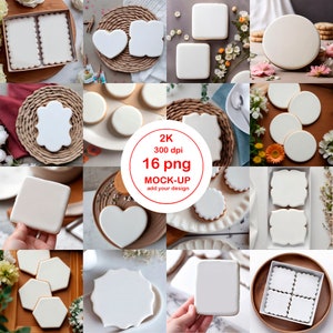 May include: A set of 16 blank, white, sugar cookies in various shapes, including hearts, squares, circles, and hexagons. The cookies are arranged on different surfaces, including wooden trays, wicker baskets, and white plates. The cookies are ready to be decorated with icing or other toppings.