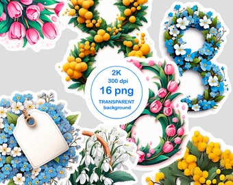 Floral Number 8 Watercolor Clipart, International Women's Day (Digital Download)