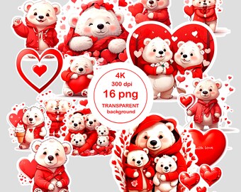 Watercolor Valentine Teddy Bear Clipart, Love Bears PNG (Digital Download)