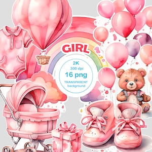 Watercolor baby girl clipart, Newborn baby, Nursery clipart, Baby decor, Nursery room clipart, It&#39;s a girl clipart, Watercolor baby shower