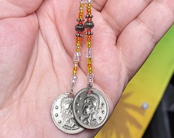 Warm Tone Beaded Earrings With Stamped Coin Dangle