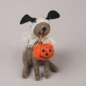 Felt Dog Ghost Halloween Decoration, Handmade Spooky Welsh Wool
