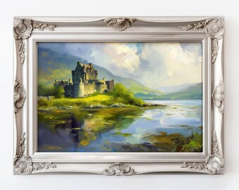 Impressão artística "Castelo à beira do lago" Download digital, Paisagem ao ar livre, Pintura a óleo de um castelo europeu à beira de um lago, Aniversário, Natal, Presente