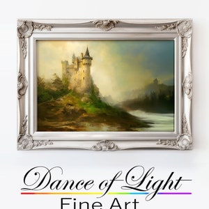 Art Print &quot;Green Shore Castle&quot; Digital Download, Landscape Oil Painting of a European Castle on a Hill on a River, Birthday, Christmas, Gift