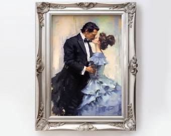 Romantische kunstprint "The Long Kiss" Digitale download, olieverfschilderij van een vintage paar zoenen, Valentijnsdag, bruiloft of jubileumcadeau