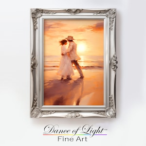 Romantic Art Print &quot;Sunset Symphony&quot; Digital Download, Oil Painting of a Couple, Beach & Sunset, Valentines, Wedding, or Anniversary Gift
