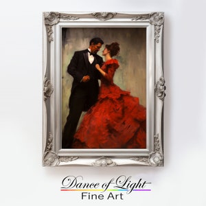 Romantic Art Print &quot;A Night Out&quot; Digital Download of Woman in a Red Dress & Man in a Tuxedo, Valentine, Wedding, or Anniversay Gift