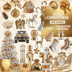 Gold Beauty Clipart: Christmas, Glam Elements for Canva (PNG, AI)