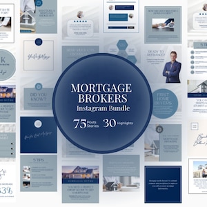 Op de afbeelding: Een blauw en wit grafisch ontwerp voor een social media marketingpakket voor hypotheekmakelaars. De grafiek bevat een cirkel met de tekst "Mortgage Brokers Instagram Bundle" en de nummers "75 Posts Stories" en "30 Highlights".