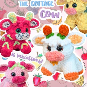 May include: Four crochet cow plushies in various colors: pink, white, yellow, and a darker pink. Each cow has large eyes and decorative horns. The text "Clementine The Cottage Cow" and "16 Variations!" are displayed. The background is pink with fruit illustrations.