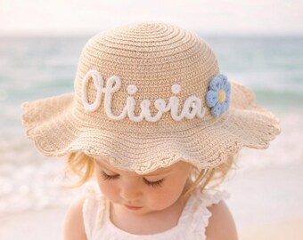 Personalized Kids Sun Hat with Name | Custom Embroidered Straw Hat for Girls | Summer Beach Hat with Flower | Toddler Gift Idea
