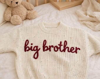 Pull grand frère, prénom personnalisé pour bébé, cadeau fait main pour petit garçon, tenue de faire-part de fratrie