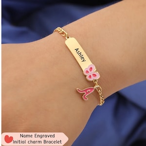 Bracelet prénom papillon pour fille, bracelet d'identification pour enfant en acier inoxydable personnalisé, plaque signalétique gravée personnalisée, breloque alphabet, cadeau