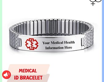Stretch Adjustable Medical ID Bracelet, Stainless Steel, Custom Alert Wristband, Emergency ID for Allergy, Diabetes, Epilepsy, Alzheimer