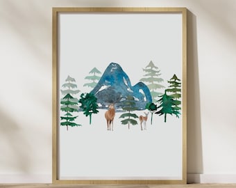 Nordic Inspired Forest Watercolor Wall Art, Gender Neutral Printable, Earth art, Watercolor Poster, Playroom Decor digital Download