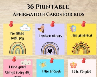 Affirmation cards for kids, positive quotes, self esteem, confidence, self care, set of 36 printable flash cards, Kids Positivity Cards