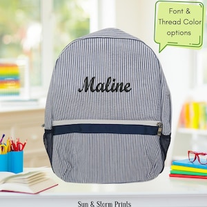 Sac à dos brodé personnalisé, sac enfant en seersucker personnalisé, cartable à monogramme, cartable prénom personnalisé, cadeau broderie prénom