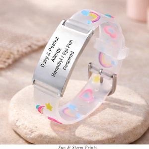 Girls Medical Alert Bracelet, Custom Engraved Medical ID,  Adjustable Silicone Emergency Bracelet, Allergy Diabetes, Selective Mutism