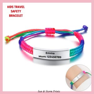 Bracelet d'identification personnalisé pour enfant, Bracelet de sécurité réglable en corde colorée, Bracelet d'urgence personnalisé pour tout-petit, Bracelet de voyage en acier inoxydable