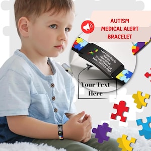 Autism Kids Medical Alert Bracelet, Custom Engraved Cute Medical ID, Adjustable Silicone Emergency Bracelet,  Allergy Diabetes, Epilepsy