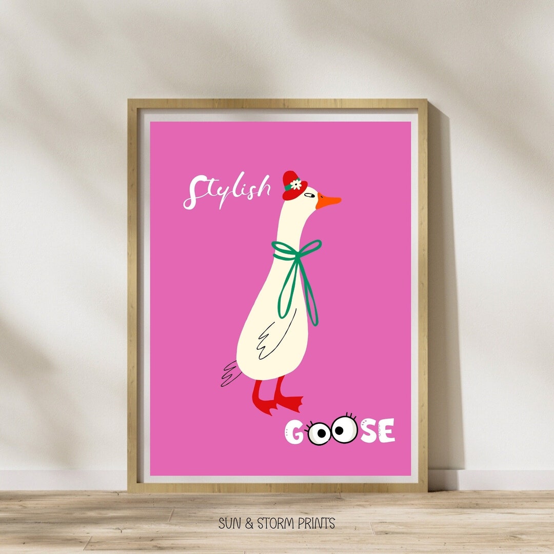 Stylish Silly Goose Wall Art, Cute Goose Poster, Pink Goose Nursery
